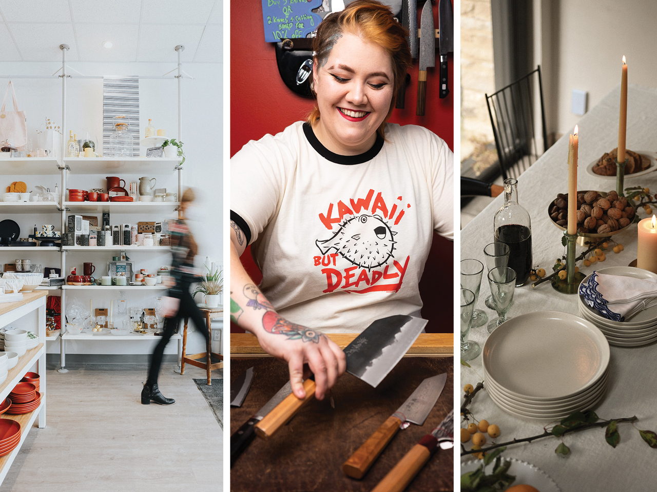 A photo collage showing interiors of various kitchen stores plus a woman who works at a knife store holding a knife.