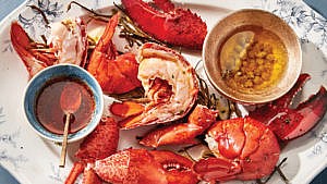 Seafood tower recipes: easy boiled lobster served with Cajun Garlic Butter and Brown Butter Caper Sauce
