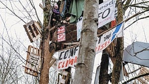A woman sitting in a tree house that is plastered with signs protesting the TMX pipeline.