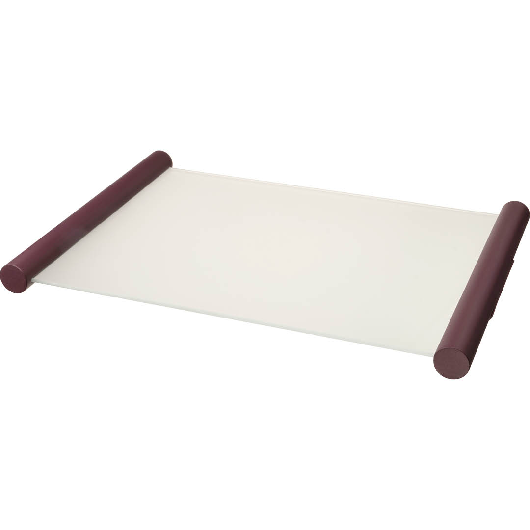 white frosted tray with red handles on white background
