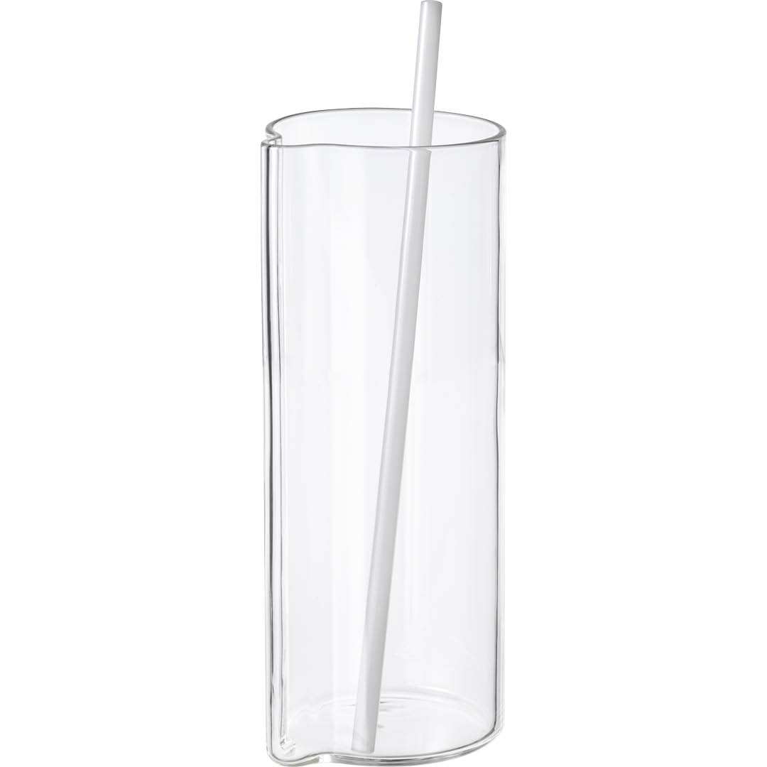 tall glass with stirring stick on white background