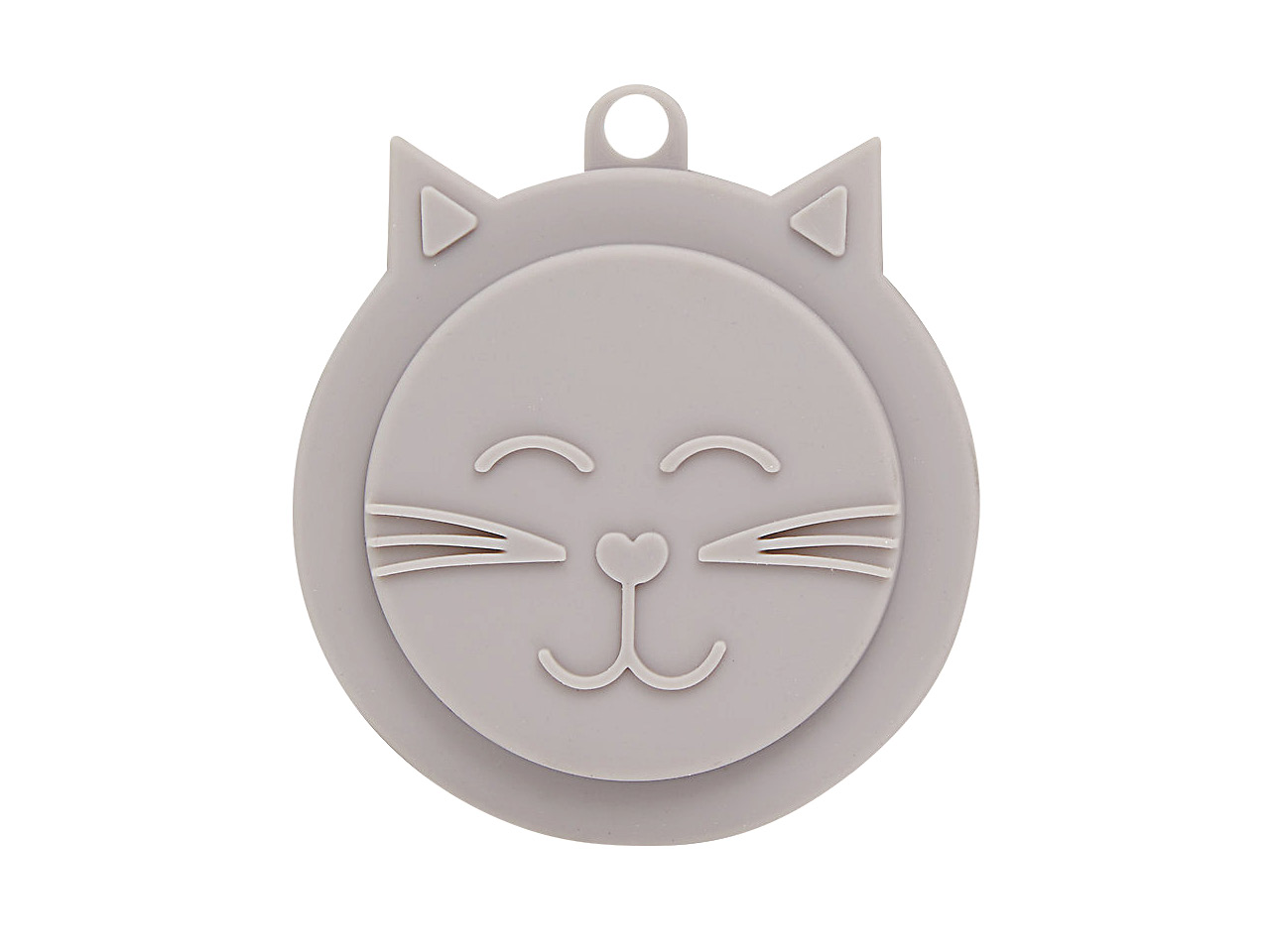 Whisker City grey silicone cat food cover with cat face.