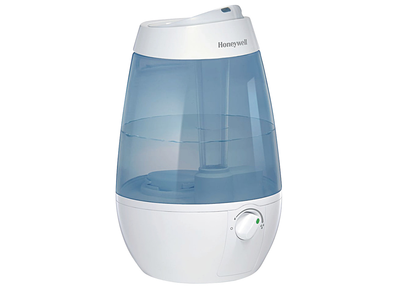 White Honeywell humidifier with blue tank shown on a white background.
