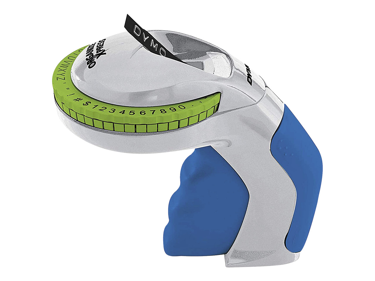 A Dymo white, blue and green label maker in a compact model.