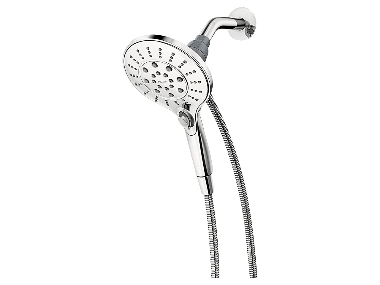 A Moen shower head in silver, shown on a white background.