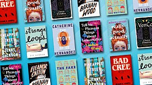 A grid of new book covers on a light blue background