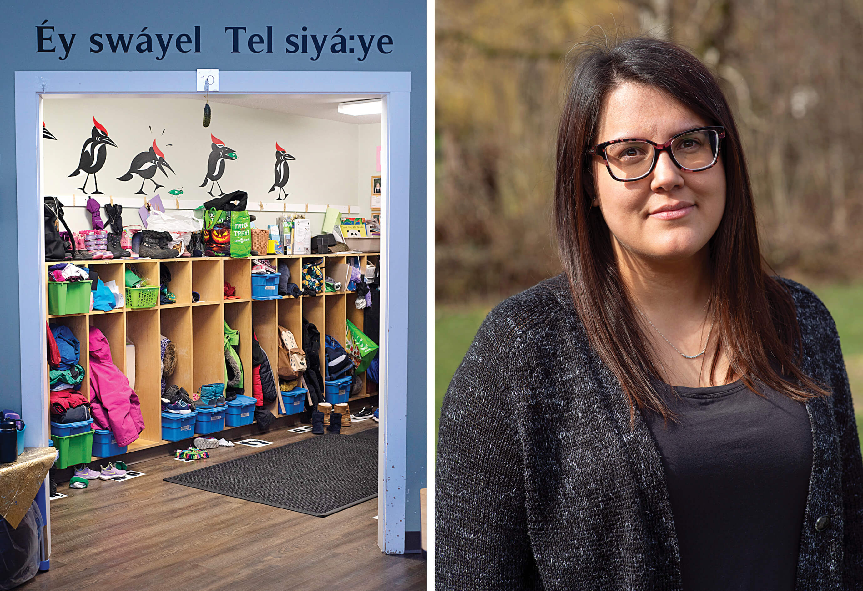 Left: Children’s coats and winter boots are arranged in cubbies surrounded by murals painted by Carrielynn Victor. Above the doorway is a greeting in Halq'eméylem meaning ‘good day my friend.’ Right: Jenn Carman poses for a portrait in the playground outside of A:lmélháwtxw Early Learning Centre on the traditional territory of the Ts’elxwéyeqw Tribe in Chilliwack, B.C.