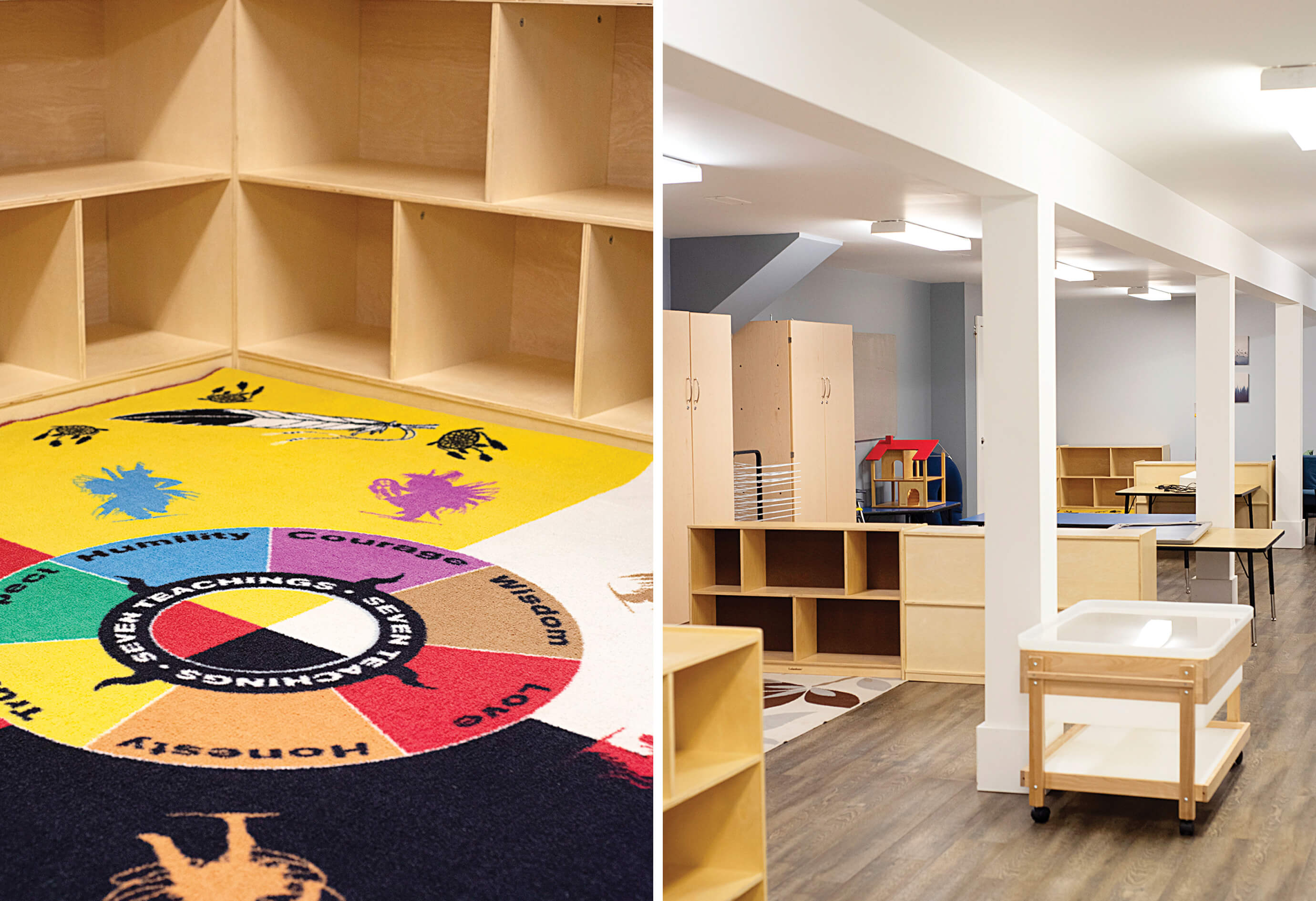 Left: A rug displaying the Seven Teachings—love, honesty, truth, respect, humility, courage and wisdom—sits in front of empty shelves in the basement classroom at A:lmélháwtxw. Right: The renovated basement classroom in March, 2022.