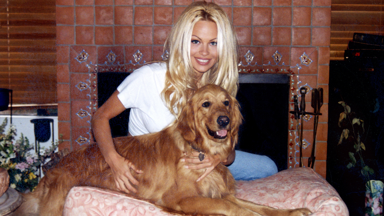 An older photo of Pamela Anderson, sitting in front of a fireplace in a white T-shirt and jeans and holding a golden retriever