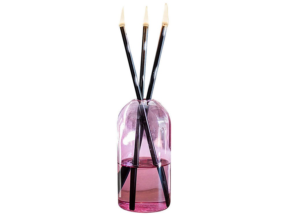 Everlasting Candle Co. pink vase filled with three black steel oil candles.