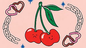 An illustration of a pair of cherries connected at the stem. One cherry has a smiley face and the other has a sad face. On the tip of the stem, there's a pair of leaves and a small gemini symbol