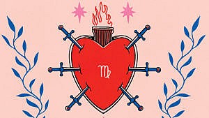 An illustration of a burning heart being stabbed by six swords. in the middle of the heart is the Virgo symbol
