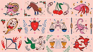 A grid of illustrations showing the different symbols for the zodiac signs