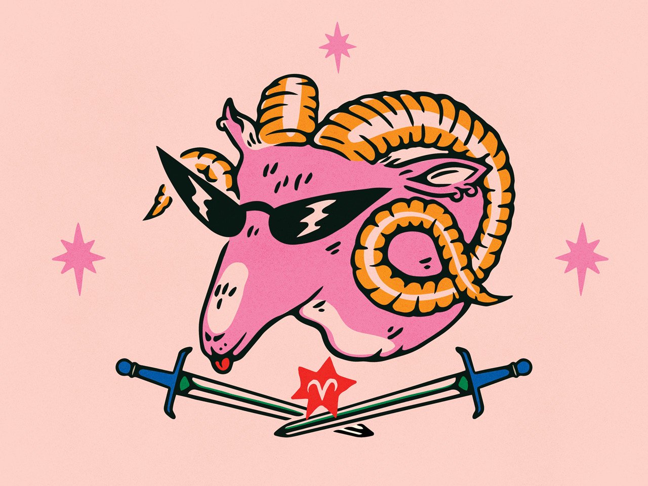 An illustration of a pink ram head wearing sunglasses. The symbol for Aries is shown on a star beneath the ram's head above two crossed swords