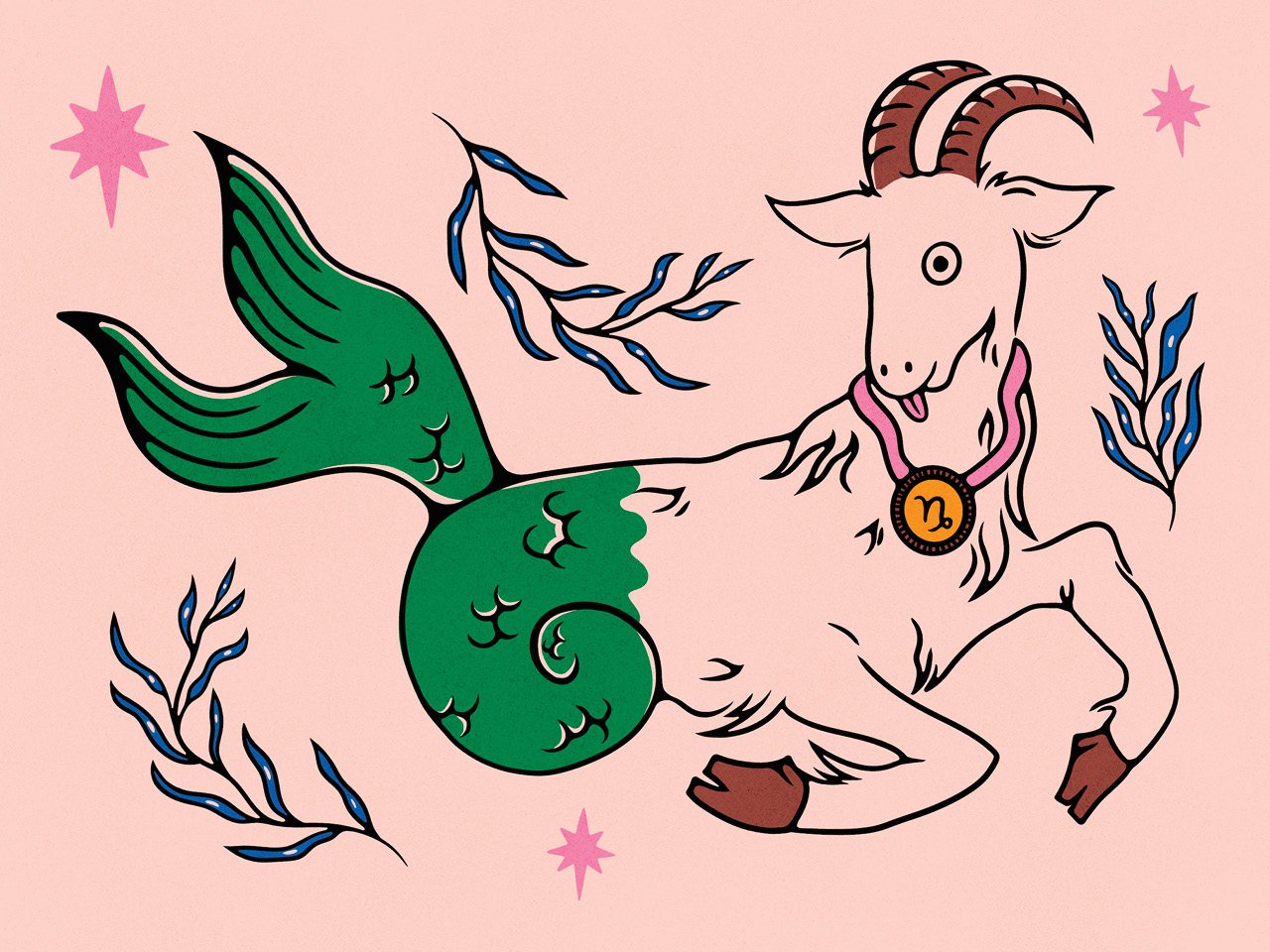An illustration of a goat with a green mermaid tail. The goat is sticking out its tongue and wearing a medallion around its neck. the medallino has the Capricorn symbol on it.