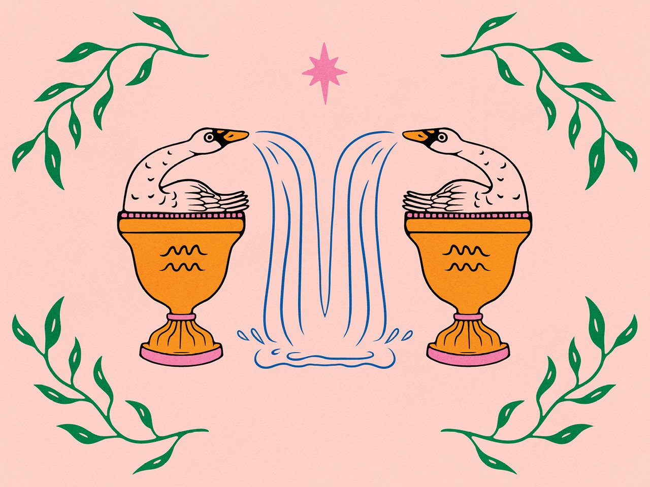 An illustration of two swans sitting in two large vases that have the Aquarius symbol on them. The swans have water falling out of their beaks.