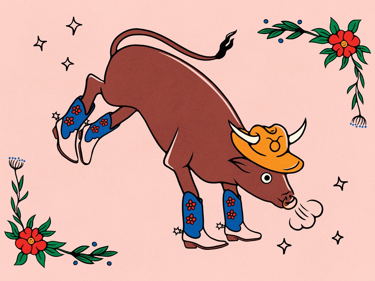 An illustration of a bull wearing blue cowboy boots on all four feet. It's alsoo wearing a yellow cowboy hat that has the symbol for Taurus on it.