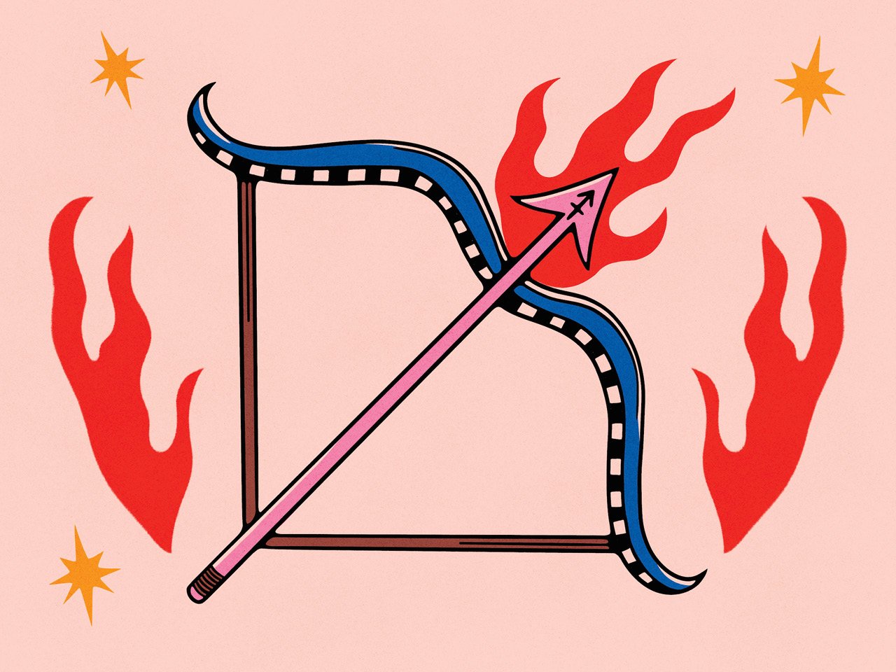 An illustration of a bow and arrow with a flaming tip. the arrowhead has the Sagittarius symbol on it.