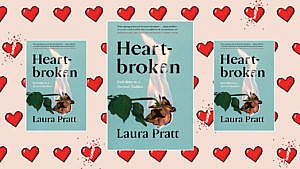 A book cover, in triplicate, against a backdrop of heart emoji