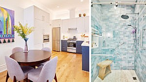 A combination of two images. At left, another angle of the kitchen, showing the stainless fridge and the white cabinets with built-in microwave; at right: the easy-entry shower with added grab bars and light blue tiled walls
