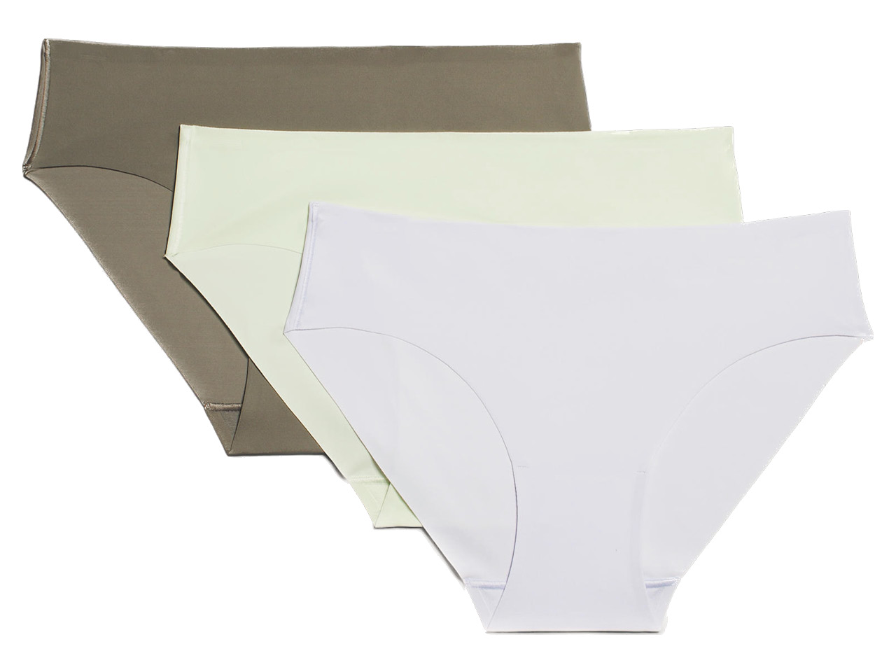 Three pairs of neutral underwear from Lululemon on a grey background.