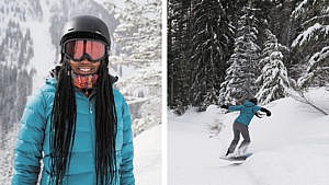 Two photos of a woman snowboarding: one in which she's facing the camera in googles and a helmet, the other in which she's landing a jump.