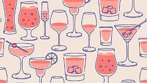 Illustration of different shapes of glasses filled with pink liquid.