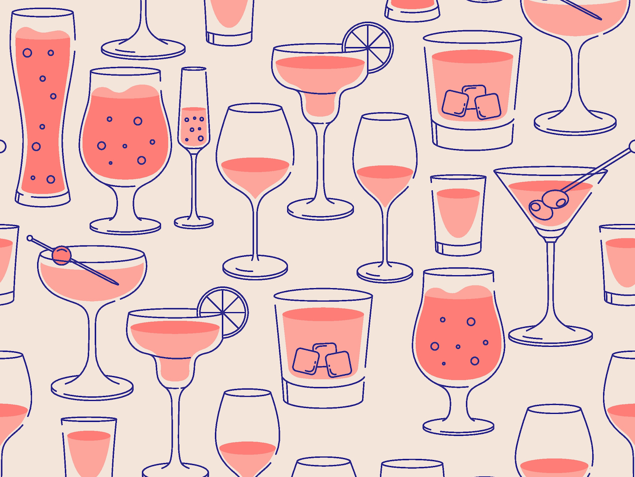 Illustration of different shapes of glasses filled with pink liquid.