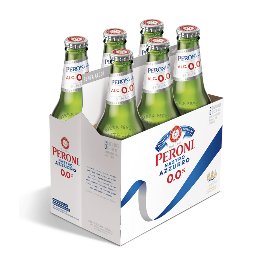 A six-pack of Peroni non-alcoholic beer on a white background