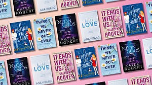 A photo collage of sexy romance books on a pink background
