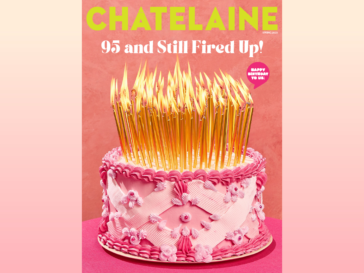 A photo of a pink Chatelaine cover with a birthday cake with 95 lit candles.
