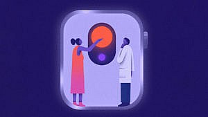 an illutration of a woman and her doctor looking at a giant watch face.