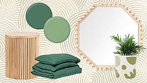 wooden side table, light and dark green paint circles, dark green duvet and pillow cases set, patterned basket and wooden beaded mirror on textured swirls background