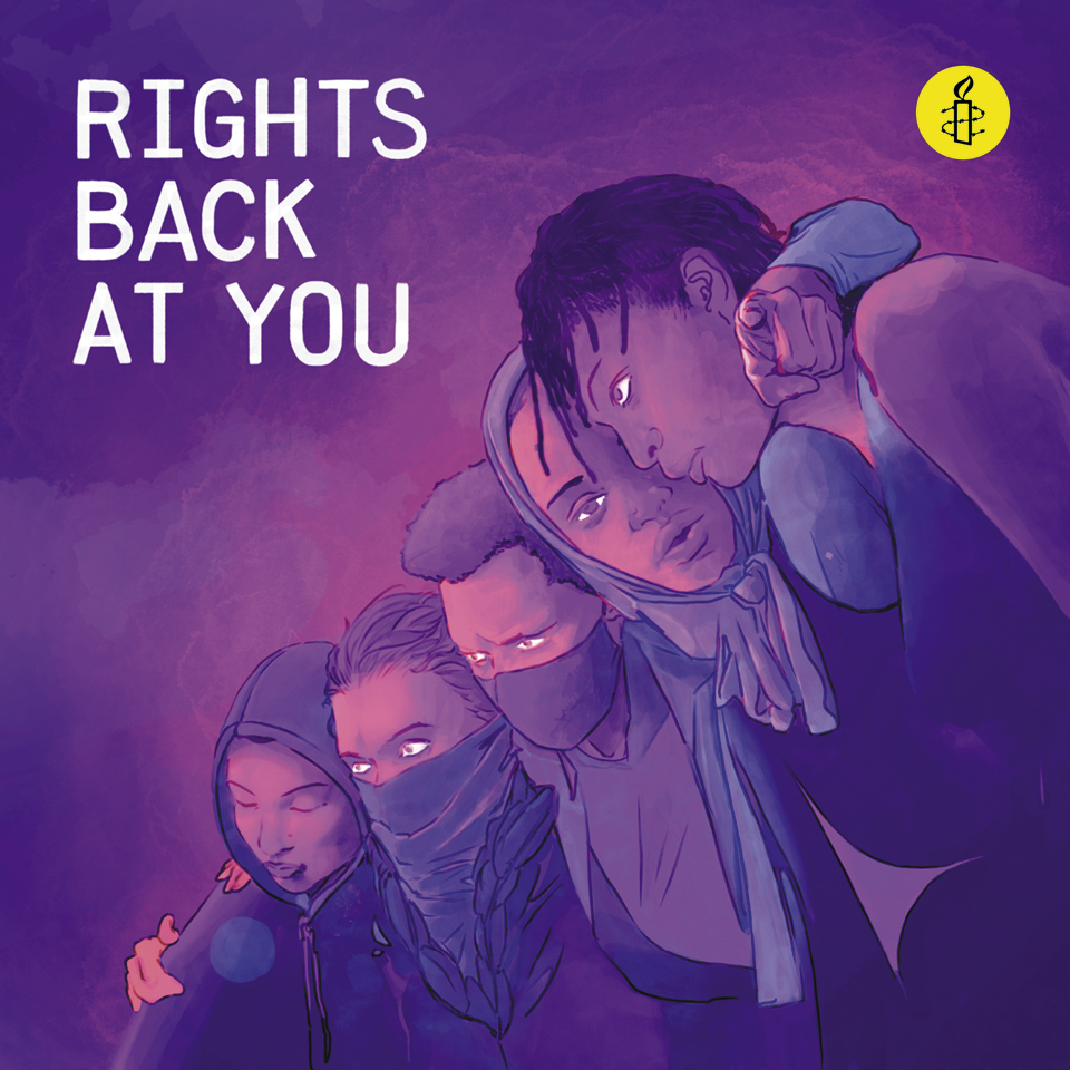 A illustration of five activists against a purple background