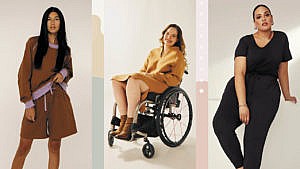 Three models wearing different Canadian loungewear sets in brown, yellow and black.