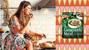Two photos side by side, one of a woman in a dress siting on a kitchen counter and eating a piece of chiicken, the other of a cookbook with a green cover.