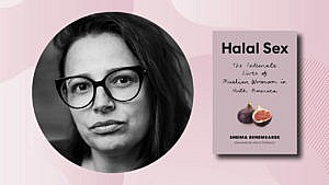 A headshot of author Sheima Benembarek, superimposed next to the cover of her book, Halal Sex, on a pink background