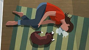 An illustration of a woman lying on the floor on a green striped carpet, crying next to her dog, representing grief over a lost pet.