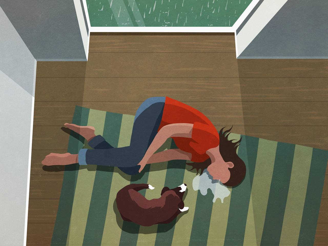 An illustration of a woman lying on the floor on a green striped carpet, crying next to her dog, representing grief over a lost pet.