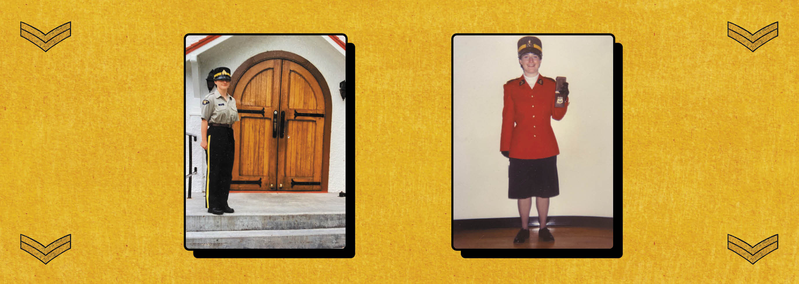 Two photos of Janet Merlo. Left: Merlo stands by a wooden door in a grey uniform shirt and black pants. Right: Merlo poses with her badge, wearing a red long-sleeved uniform shirt and black skirt.