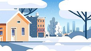 An illustration of a house in winter with snow on the roof and driveway and trees and a city skyline in the background