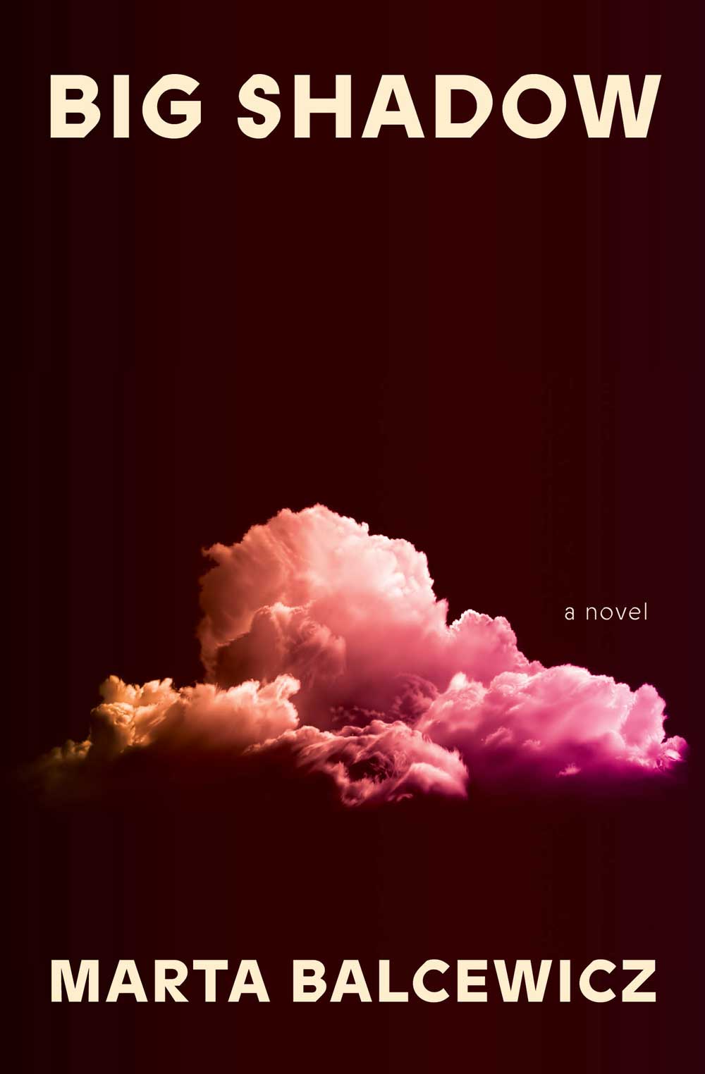 Book cover of Big Shadow with clouds in shades of pink on a dark background.
