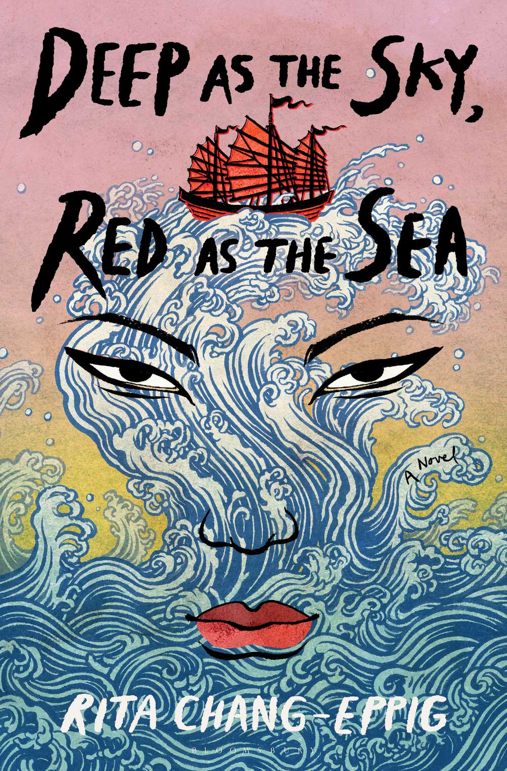 Book cover of Deep as the Sky, Red as the Sea. Illustration of a ship on top of a tidal wave.