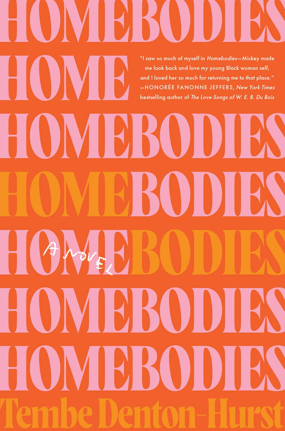 "Homebodies" written repeatedly in pink and orange on a darker orange background.