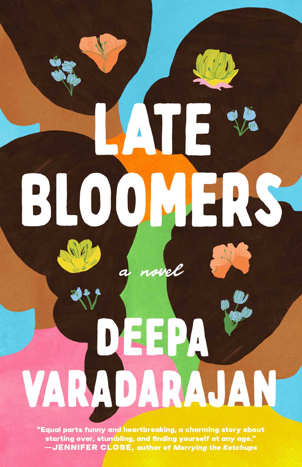 Book cover of Late Bloomers. Illustration of the backs of four peoples' heads with flowers in their hair.