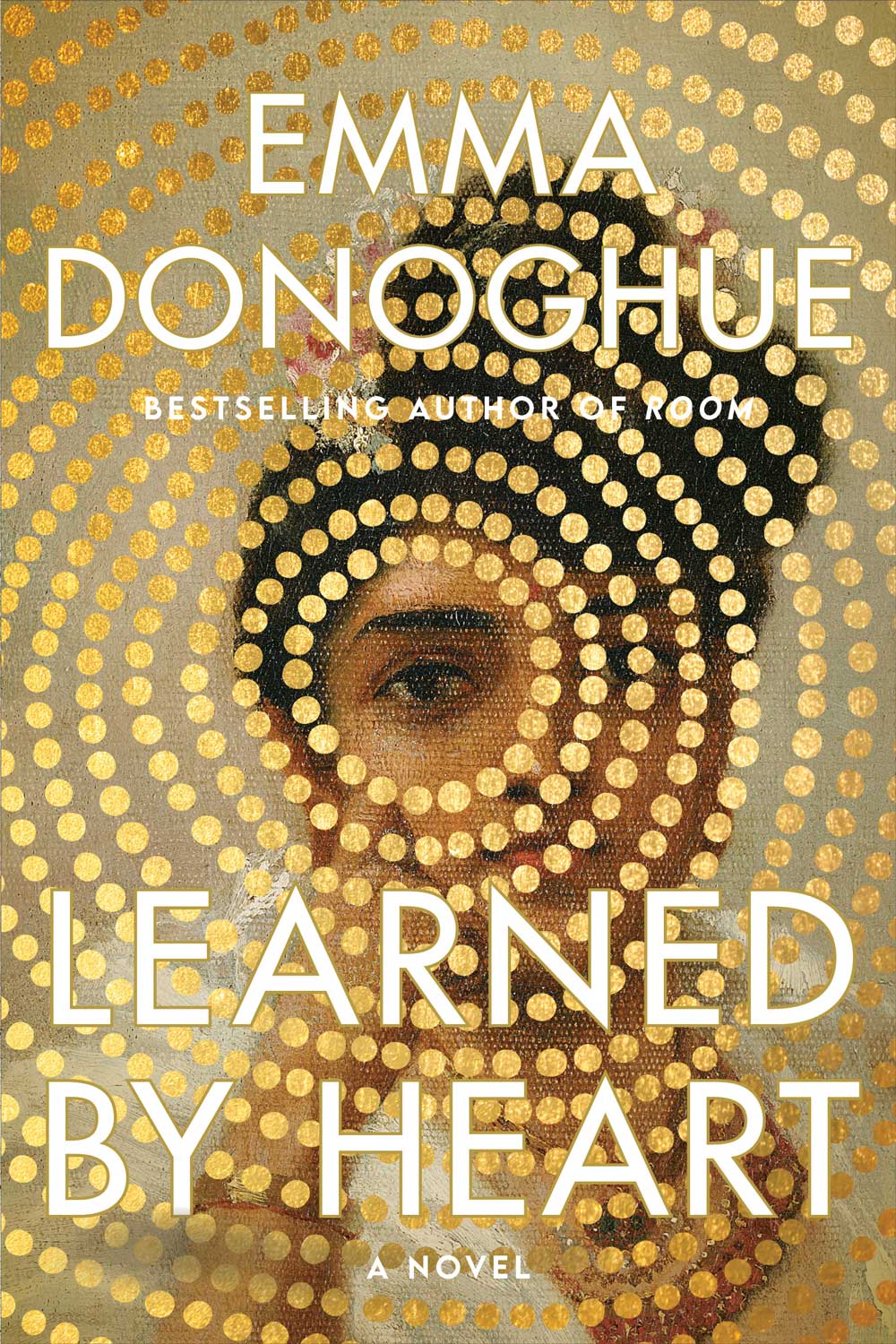 Book cover for Learned. An image of a woman's face under a circle pattern of gold dots that frames the woman's eye in the centre.
