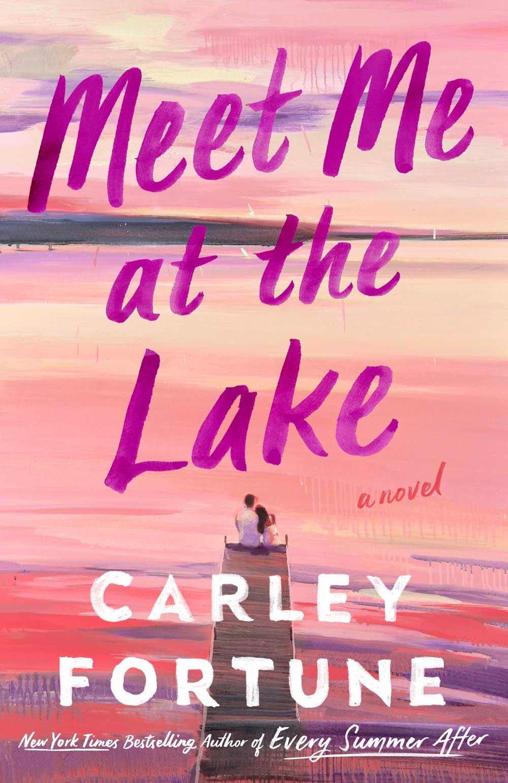 Book cover of Meet Me at the Lake. Watercolour-like painting of a couple leaning on each other at the end of a dock during sunset.