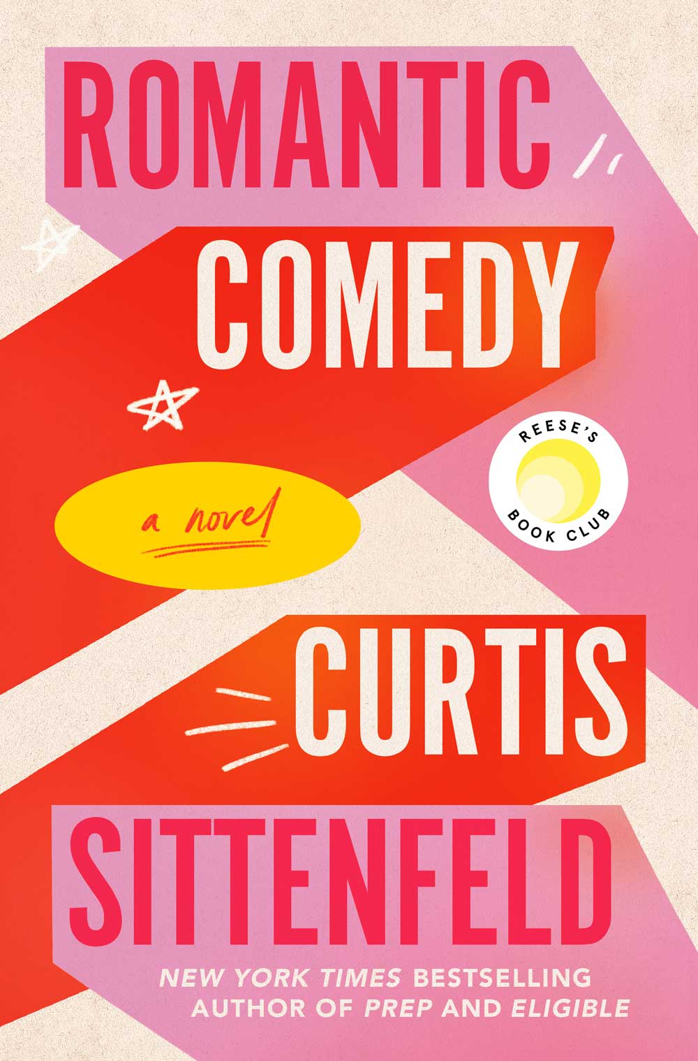 Book cover of Romantic Comedy with pink and orange art.
