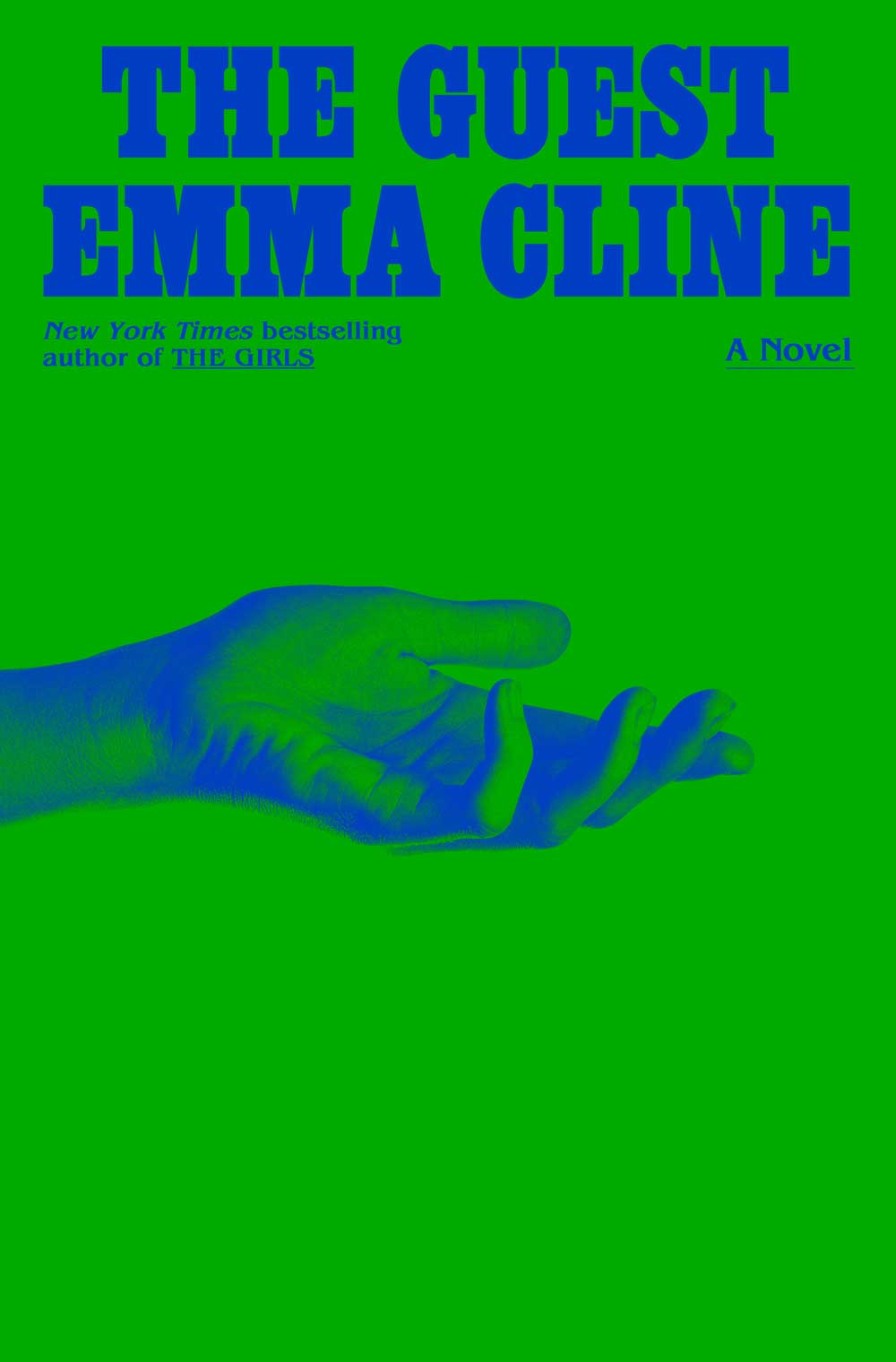 Book cover of The Guest with an image of a hand reaching on a green background.
