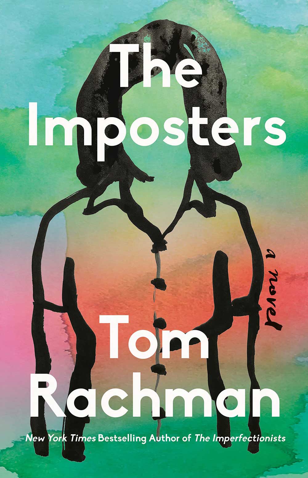Book cover of The Imposters. A sketch outline of a woman in a short-sleeve blouse against a colourful watercolour background.